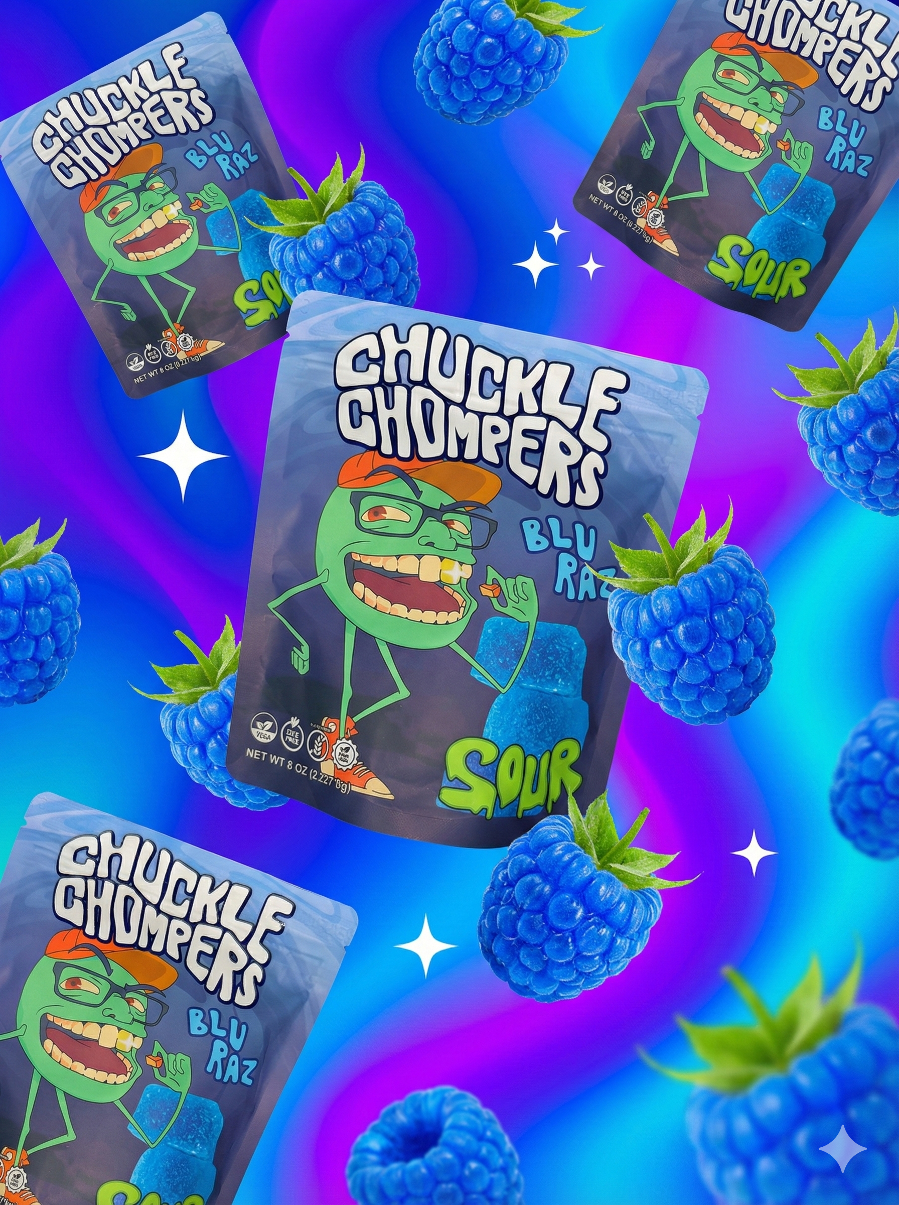 Sour Blue Raspberry Gummies (8 oz Bag / Half-Pound, ~50 Gummies)  – No Artificial Dyes, Vegan, Plant-Based, All-Natural Flavor | Chuckle Chompers by Gummy Guys