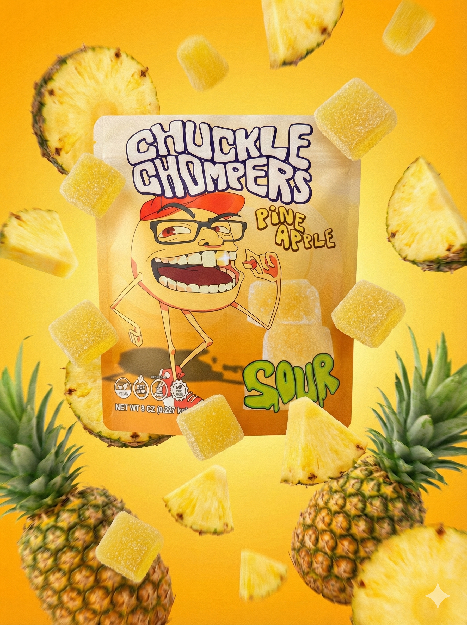 Sour Pineapple Gummies (8 oz Bag / Half-Pound, ~50 Gummies)  – No Artificial Dyes, Vegan, Plant-Based, All-Natural Flavor | Chuckle Chompers by Gummy Guys