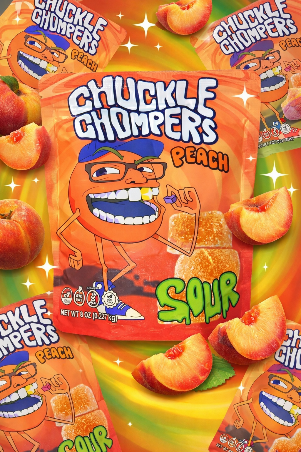 Sour Peach Gummies (8 oz Bag / Half-Pound, ~50 Gummies)  – No Artificial Dyes, Vegan, Plant-Based, All-Natural Flavor | Chuckle Chompers by Gummy Guys