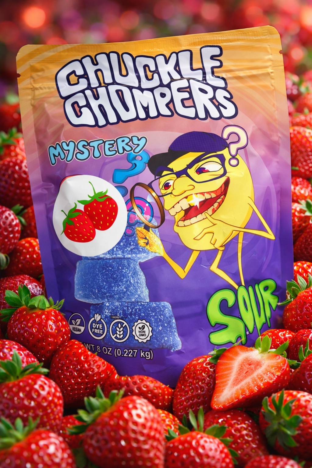 Strawberry Flavor Sour Gummies — Limited Monthly Drop (This Month Only) (8 oz Bag / Half-Pound, ~50 Gummies) | Vegan, Plant-Based, No Artificial Dyes | Chuckle Chompers